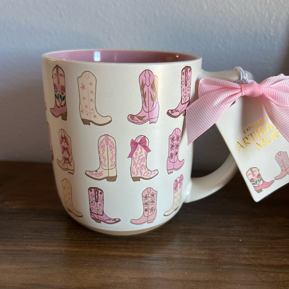 Sunday Morning Pink Bow And Cowgirl Boot Clay Ceramic Mug Country Cowboy NEW